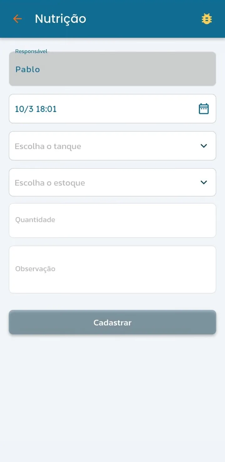 Tela de nutrição do app de campo